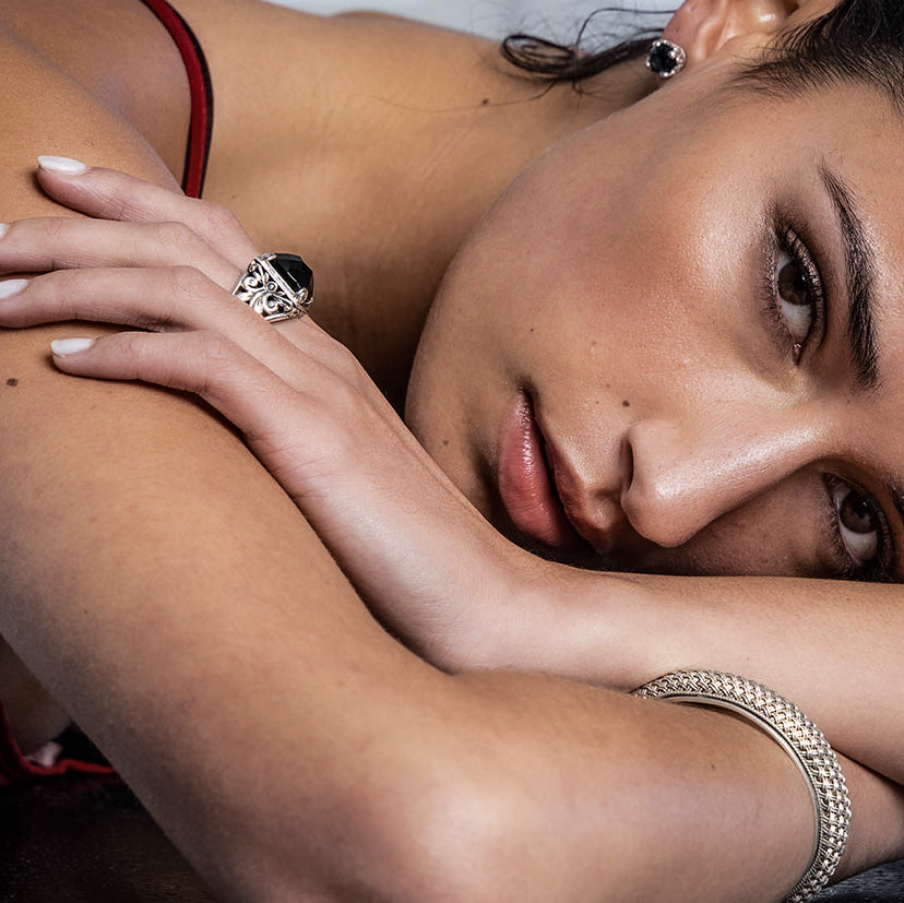 girl with Black onyx sterling silver ring