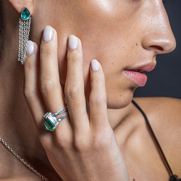 green quartz gemstone earrings and silver ring