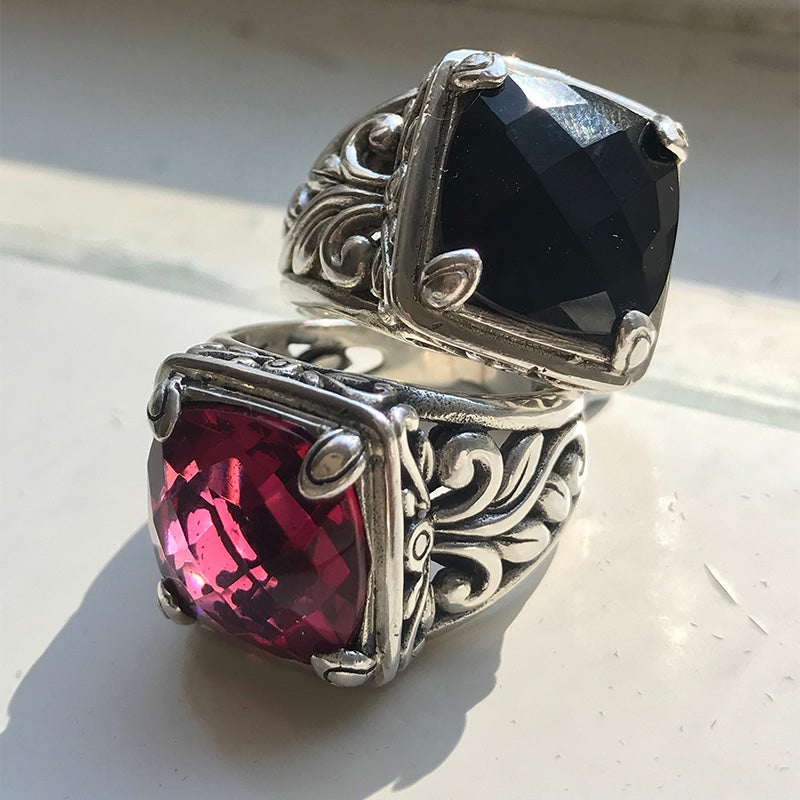 onyx and pink quartz silver rings