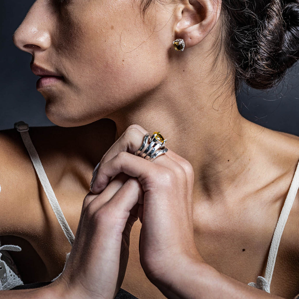 lemon quartz and silver ring set