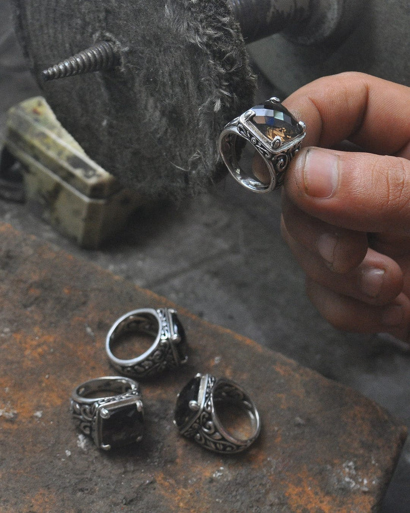 cadmanrock Cocktail Botanical Ring in Smoky Quartz Faceted Gemstone