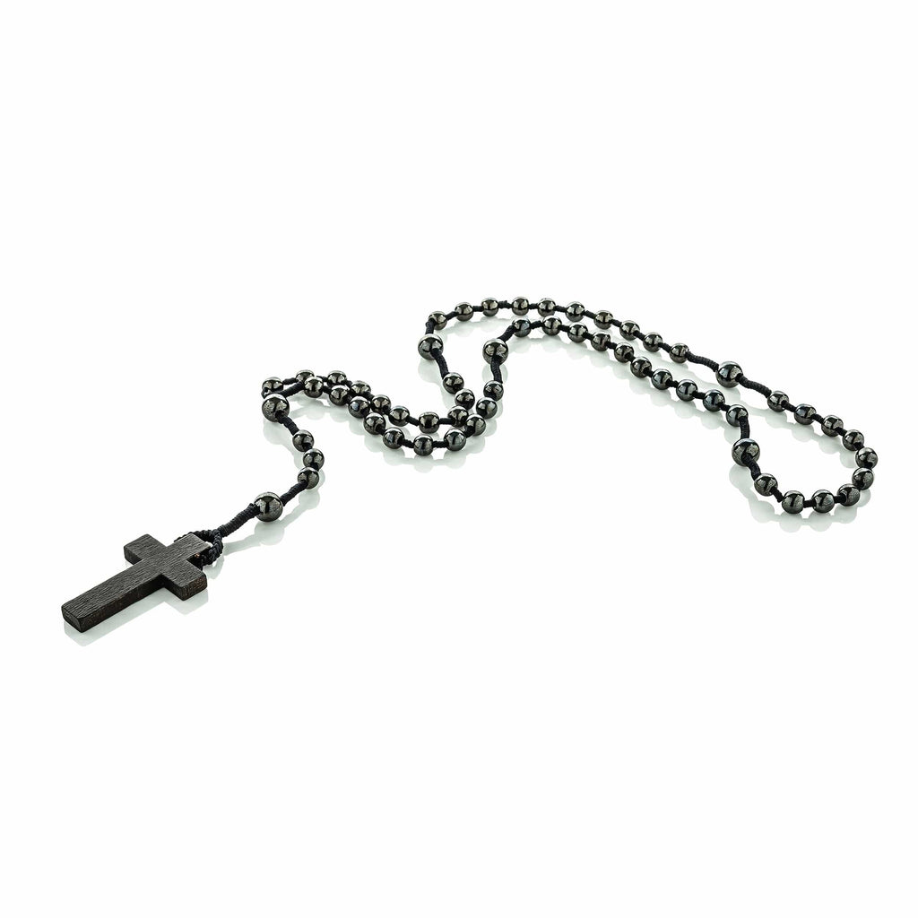 cadmanrock Necklace Rosary Hematite with Black Rope