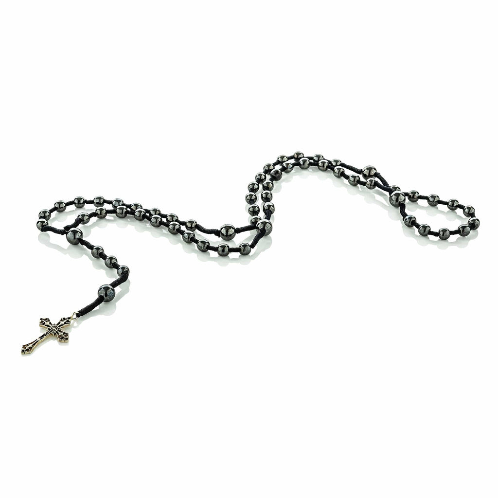 cadmanrock Necklace Rosary in Hematite with Silver Cross