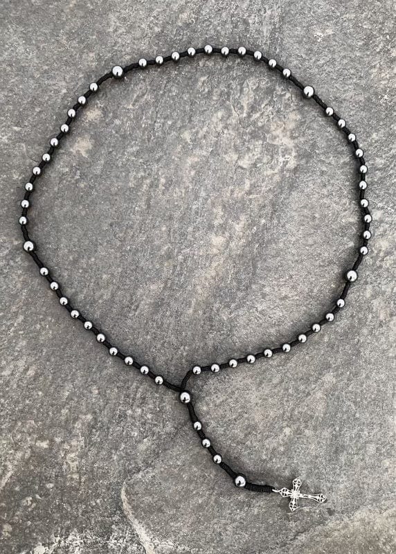 cadmanrock Necklace Rosary in Hematite with Silver Cross