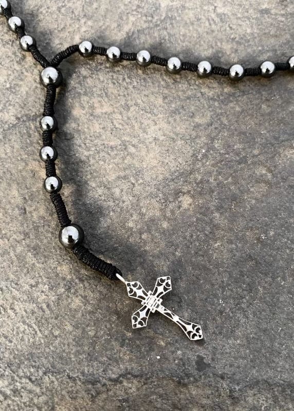 cadmanrock Necklace Rosary in Hematite with Silver Cross