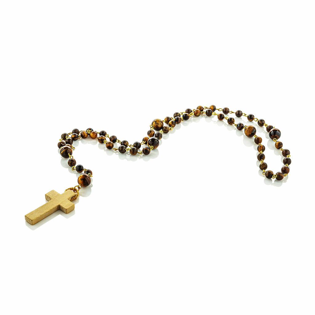 cadmanrock Necklace Rosary Tiger Eye with Light Wooden Cross