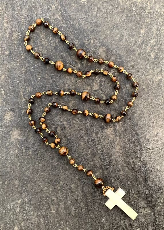cadmanrock Necklace Rosary Tiger Eye with Light Wooden Cross