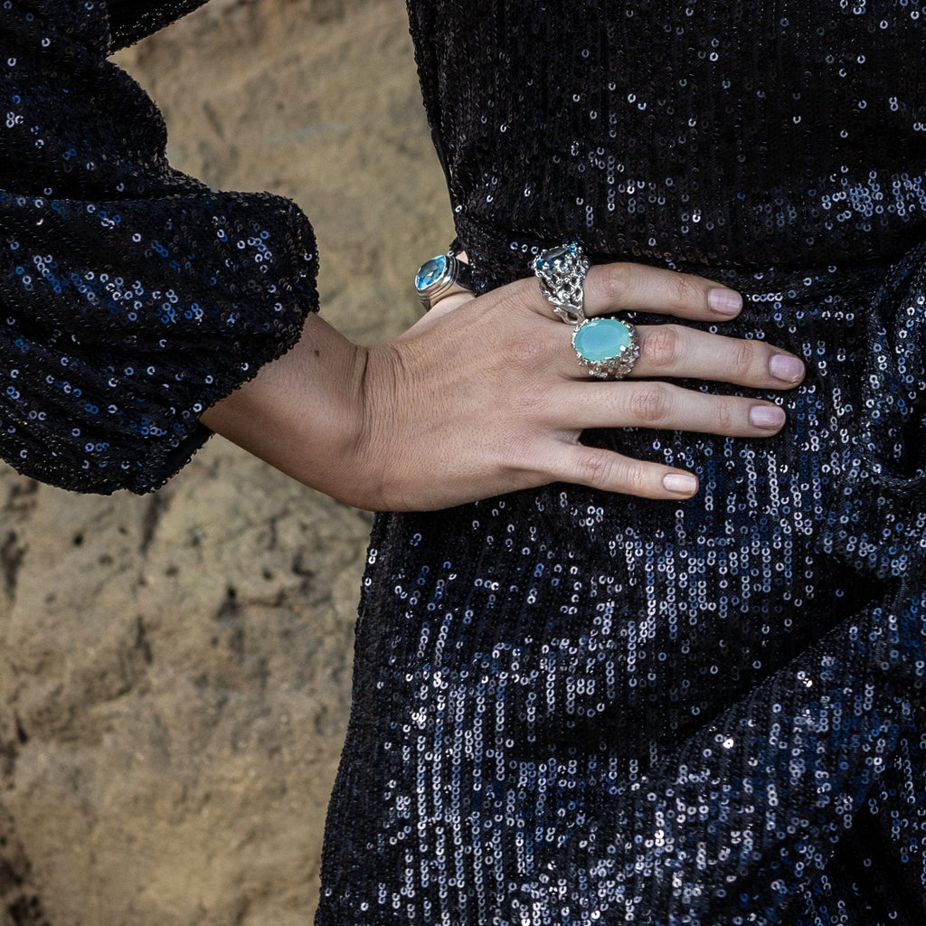 cadmanrock Ring Coral Garden Ring in Blue Chalcedony Cabochon Gemstone - NEEDS SOME HUMAN SHOTS