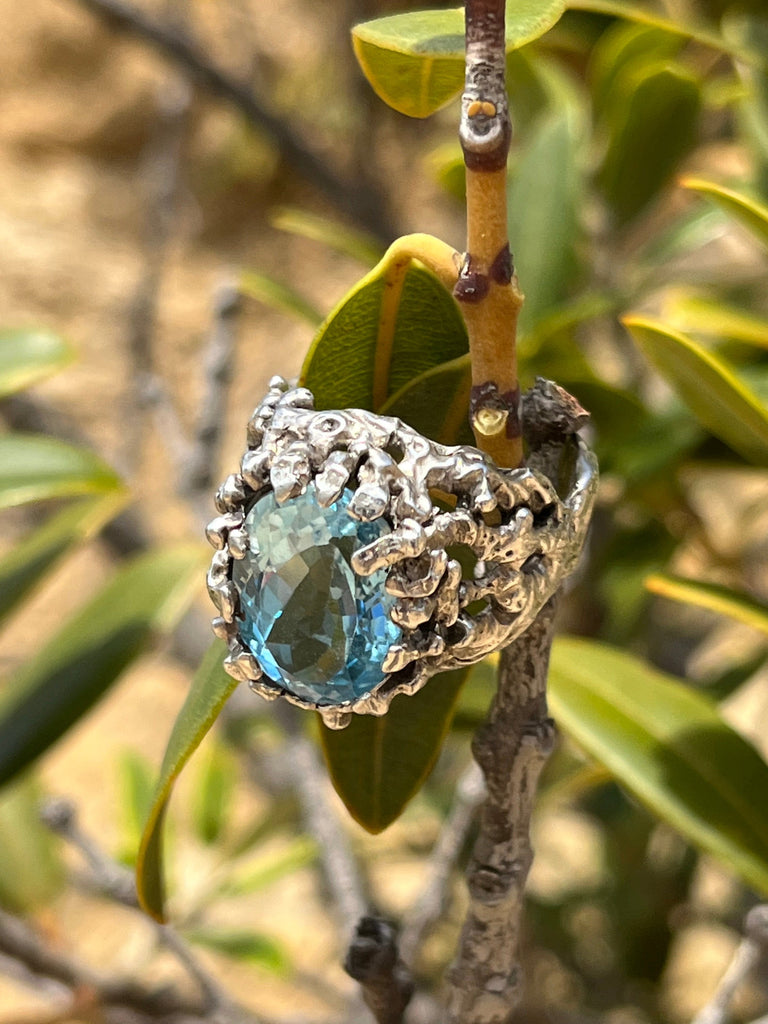 cadmanrock Ring Coral Ring in Blue Topaz Gemstone